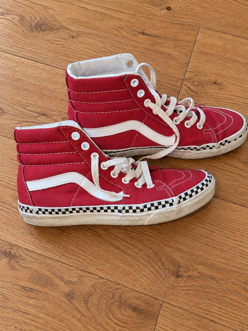 Vans Women's Red High-Top Sneakers with White Stripe and Checkerboard Trim